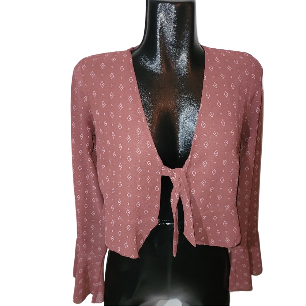 Don't Ask Why Dark Dusty Rose Long Flounce Sleeve Tie Front Bolero Top